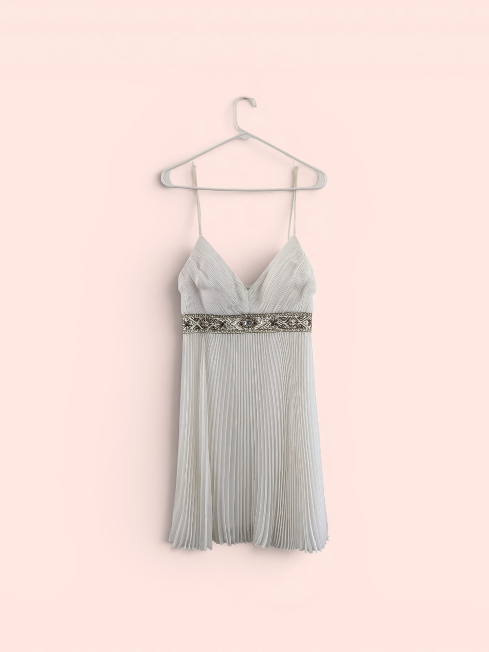 Sue Wong White Pleated Spaghetti Strap Dress with Embellished Waist